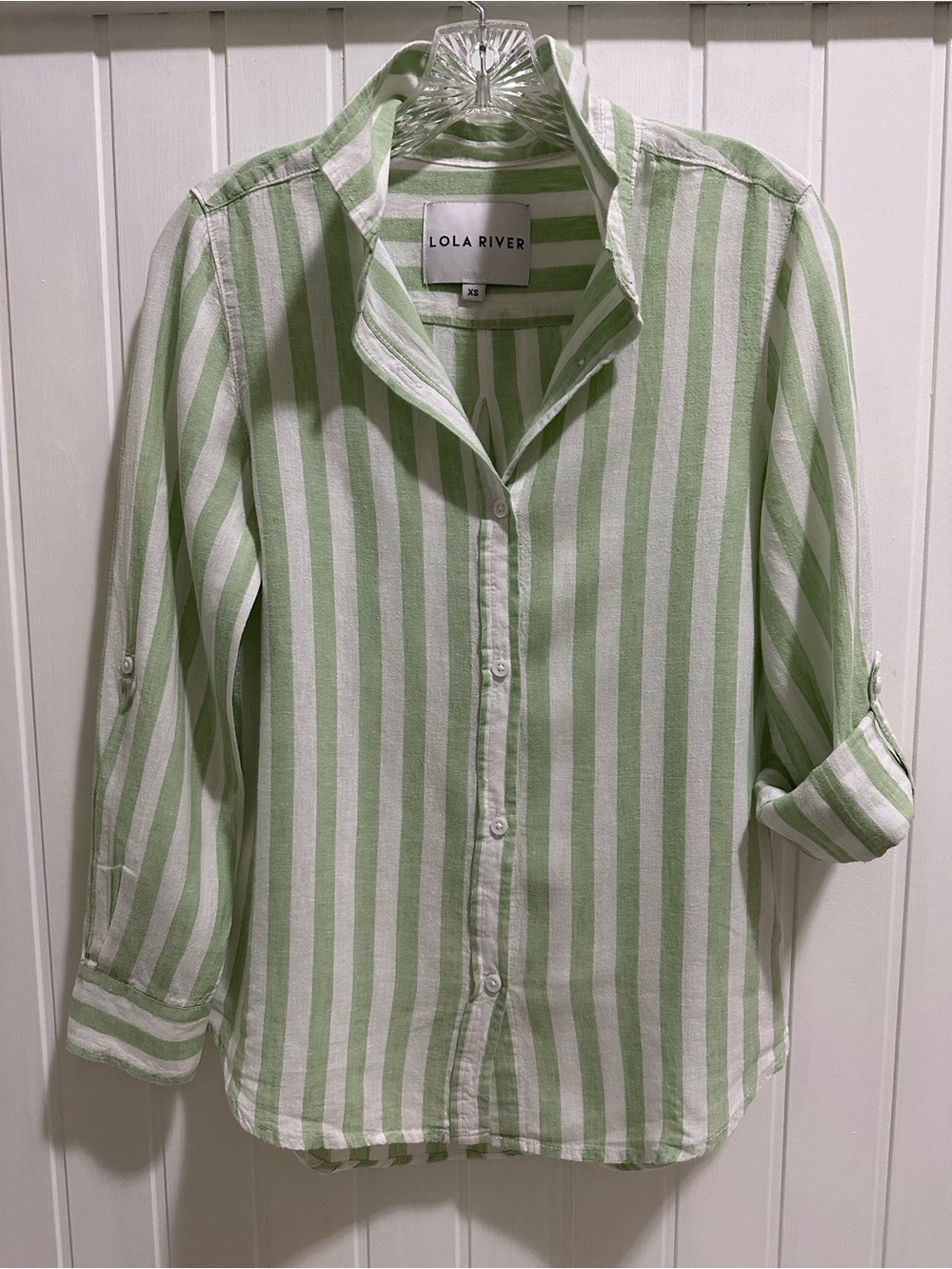 Ladies Green & White Stripe Button-Up Shirt